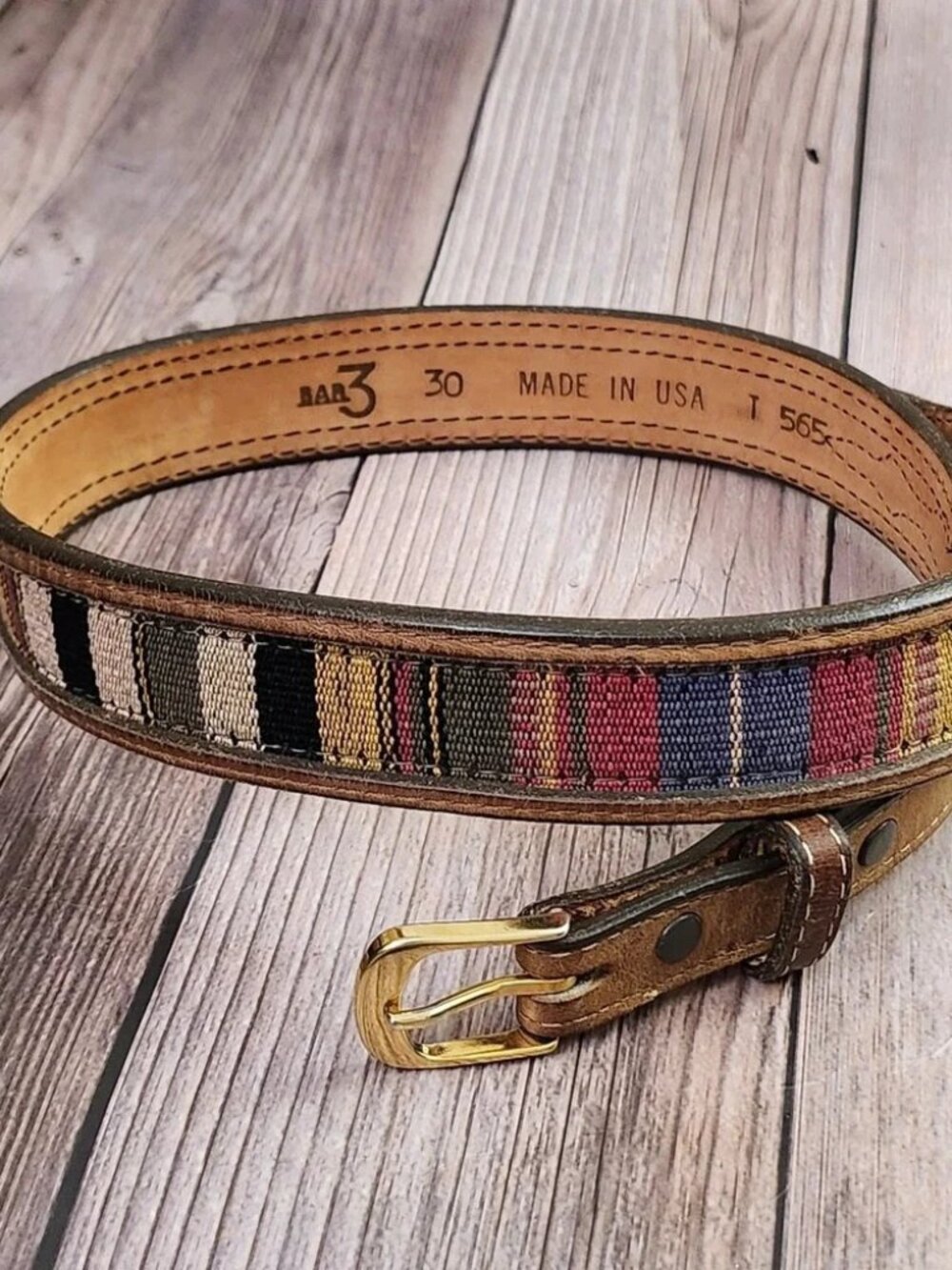 Bar 3 Womens Western Leather Belt 30 Brown Multicolored Woven‎ Textile Boho USA